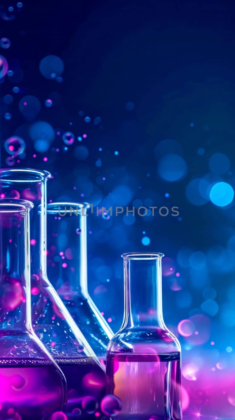 scene in a laboratory setting, featuring transparent glassware filled with substances emitting a bioluminescent glow in shades of blue and purple, wonder and the thrill of scientific discovery