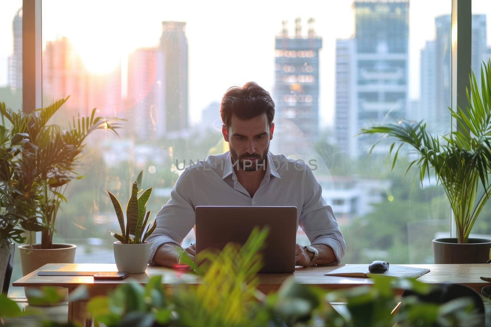 Professional business person using laptop at modern office. Generative AI.