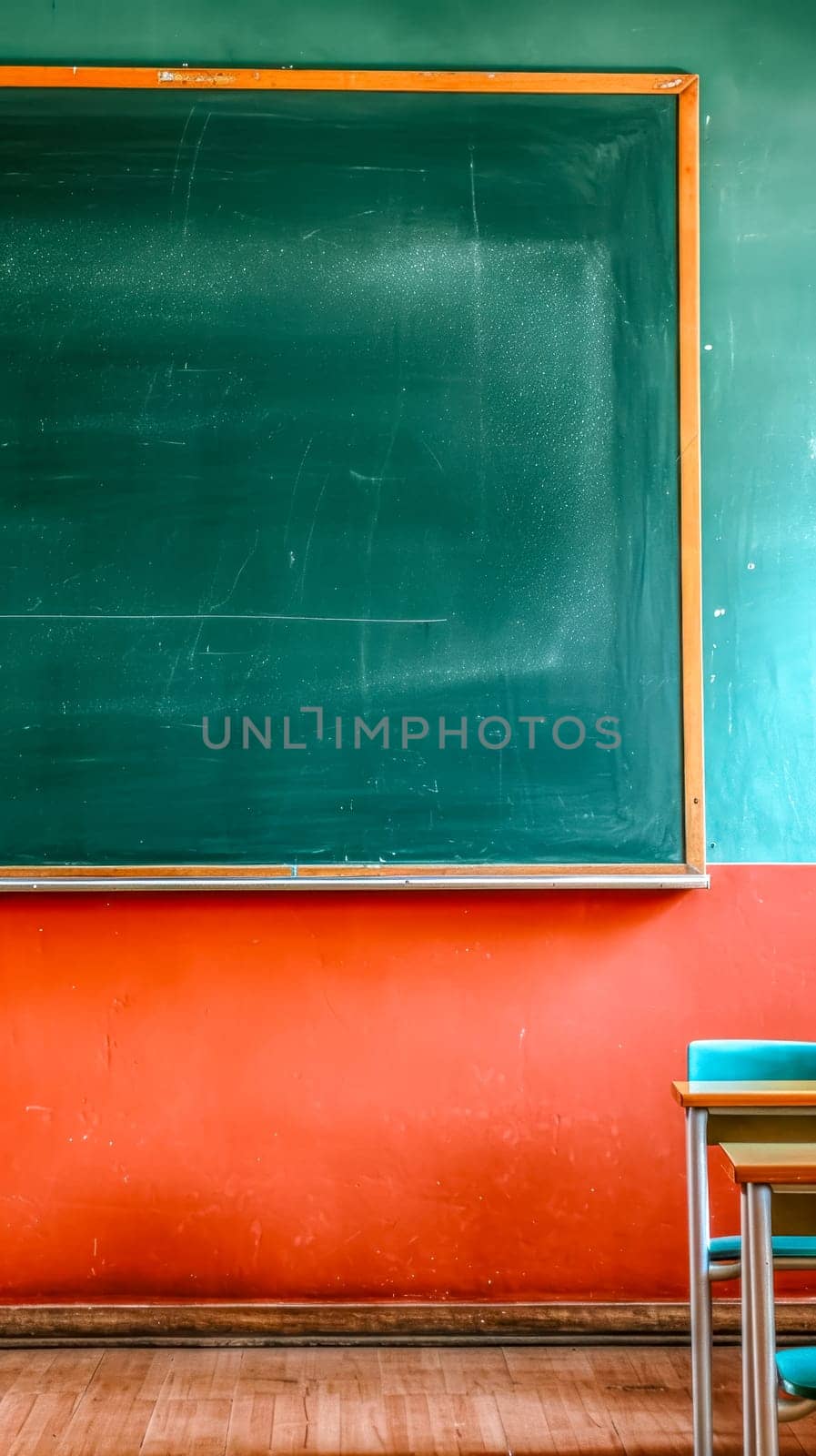 Ready for learning: an empty classroom awaits, vertical banner with copy space by Edophoto