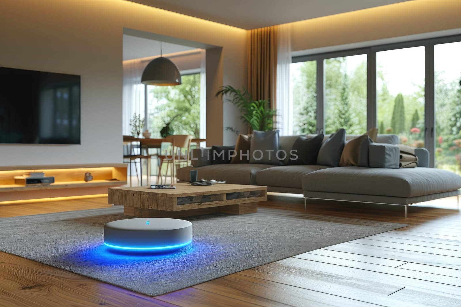 Assistant Smart home automation futuristic interface on virtual screen. Generative AI by itchaznong