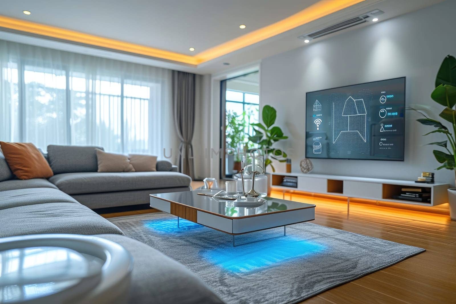 Assistant Smart home automation futuristic interface on virtual screen. Generative AI.