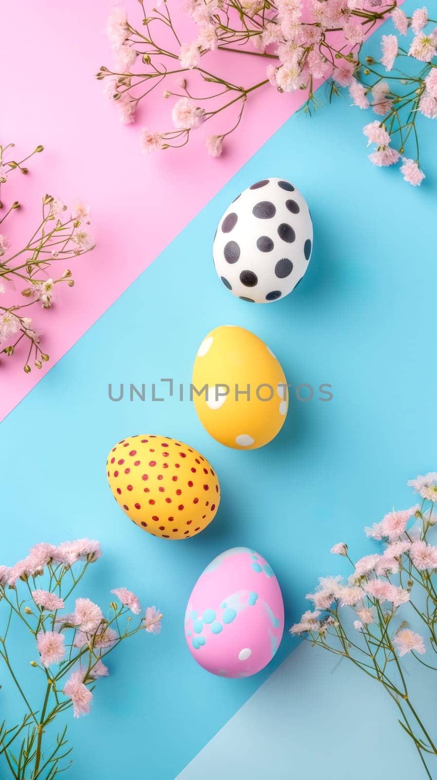 Easter composition in a minimalist style, with pastel-colored eggs adorned with various patterns, set against a split pink and blue background, delicate pink flowers, springtime atmosphere
