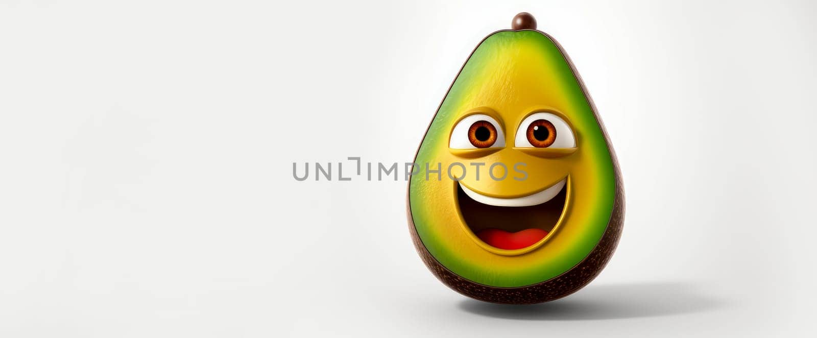 Green avocado with a cheerful face 3D on a white background. Cartoon characters, three-dimensional character, healthy lifestyle, proper nutrition, diet, fresh vegetables and fruits, vegetarianism, veganism, food, breakfast, fun, laughter, banner