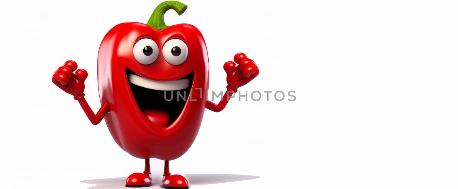 Red pepper with a cheerful face 3D on a white background. Cartoon characters, three-dimensional character, healthy lifestyle, proper nutrition, diet, fresh vegetables and fruits, vegetarianism, veganism, food, breakfast, fun, laughter, banner