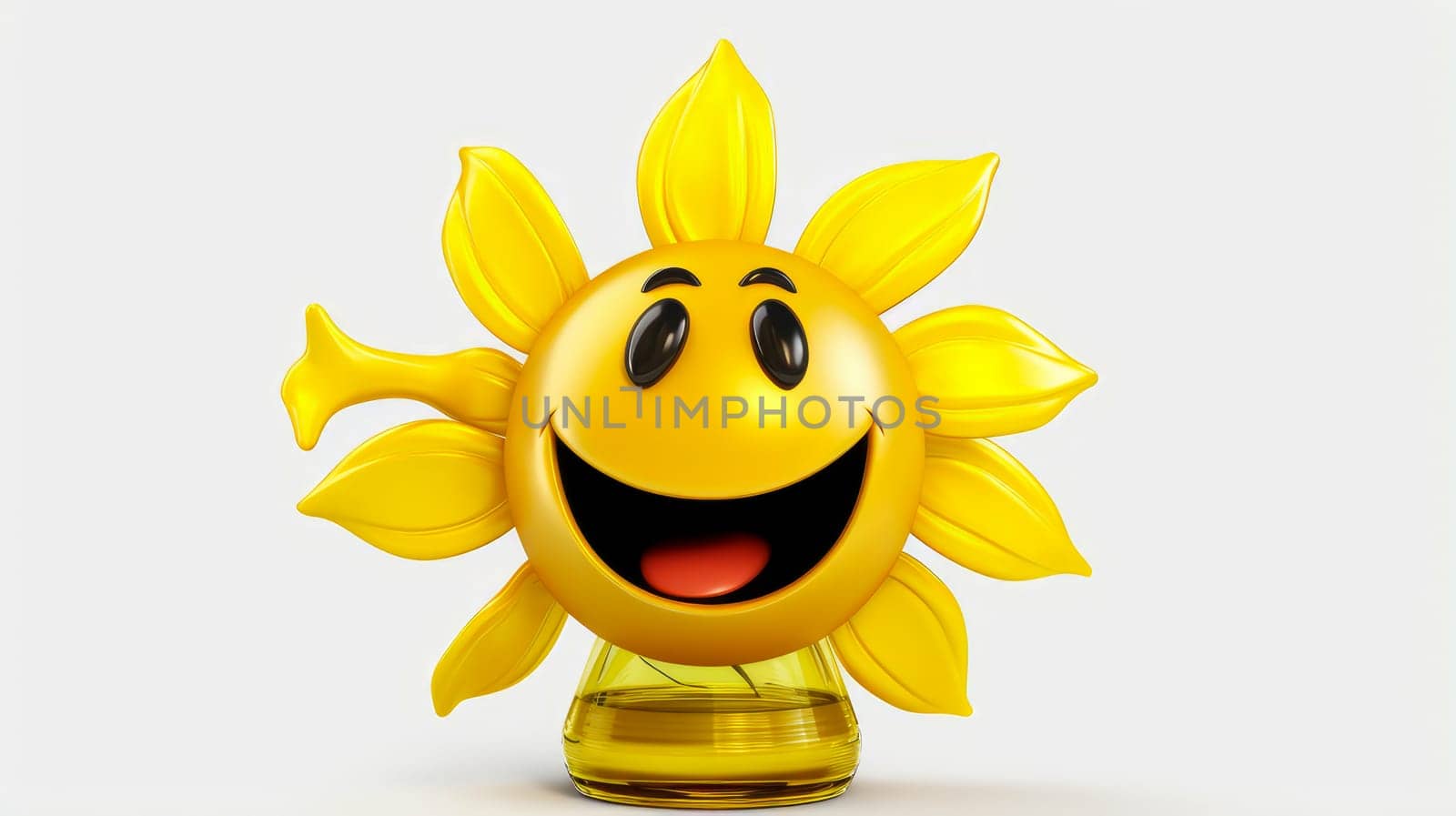 Sunflower oil drop with a cheerful face 3D on a white background. Cartoon characters, three-dimensional character, healthy lifestyle, proper nutrition, diet, fresh vegetables and fruits, vegetarianism, veganism, food, breakfast, fun, laughter, banner