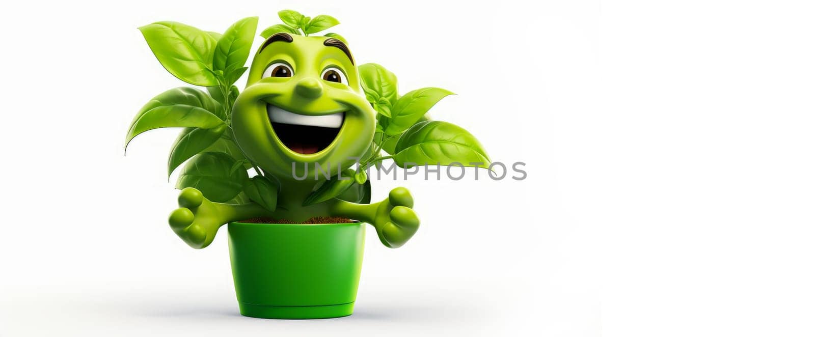 Basil with a cheerful face 3D on a white background. Cartoon characters, three-dimensional character, healthy lifestyle, proper nutrition, diet, fresh vegetables and fruits, vegetarianism, veganism, food, breakfast, fun, laughter, banner