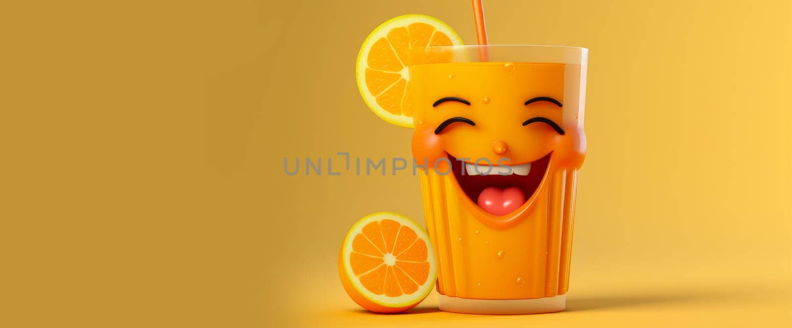 Glass of orange juice with a cheerful face 3D on background. Cartoon characters, three-dimensional character, healthy lifestyle, proper nutrition, diet, fresh vegetables and fruits, vegetarianism, veganism, food, breakfast, fun, laughter, banner