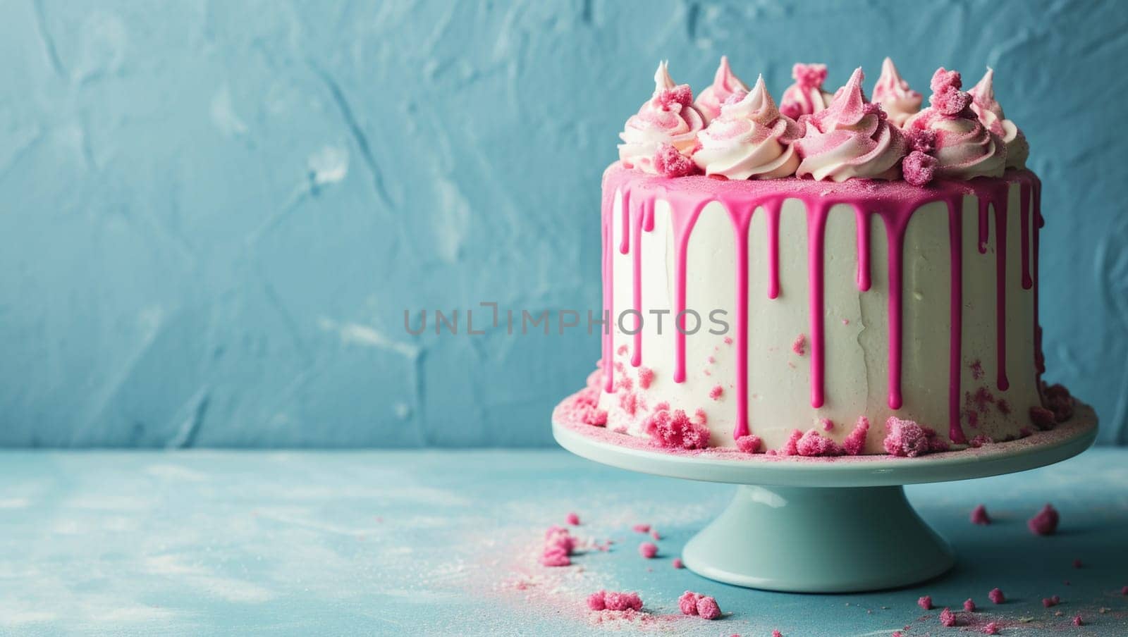 Delicious delicate cake with pink icing on a blue background. A festive dessert for a birthday. Birthday greetings. High quality photo