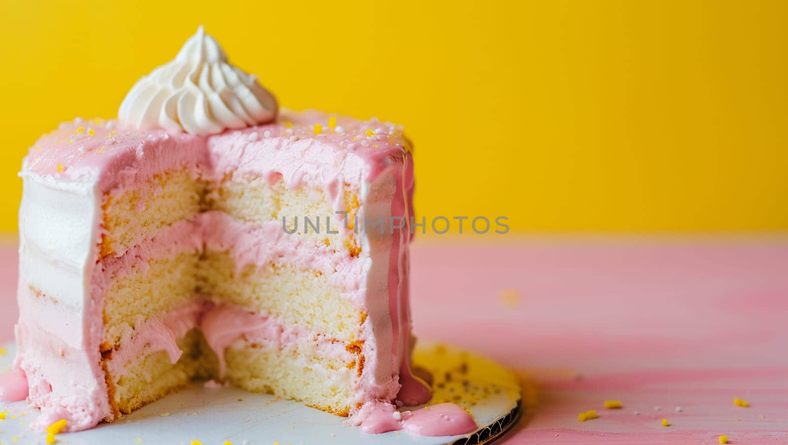 A delicious, delicate cake with the inscription Happy Birthday. A birthday dessert that looks beautiful and appetizing. High quality photo