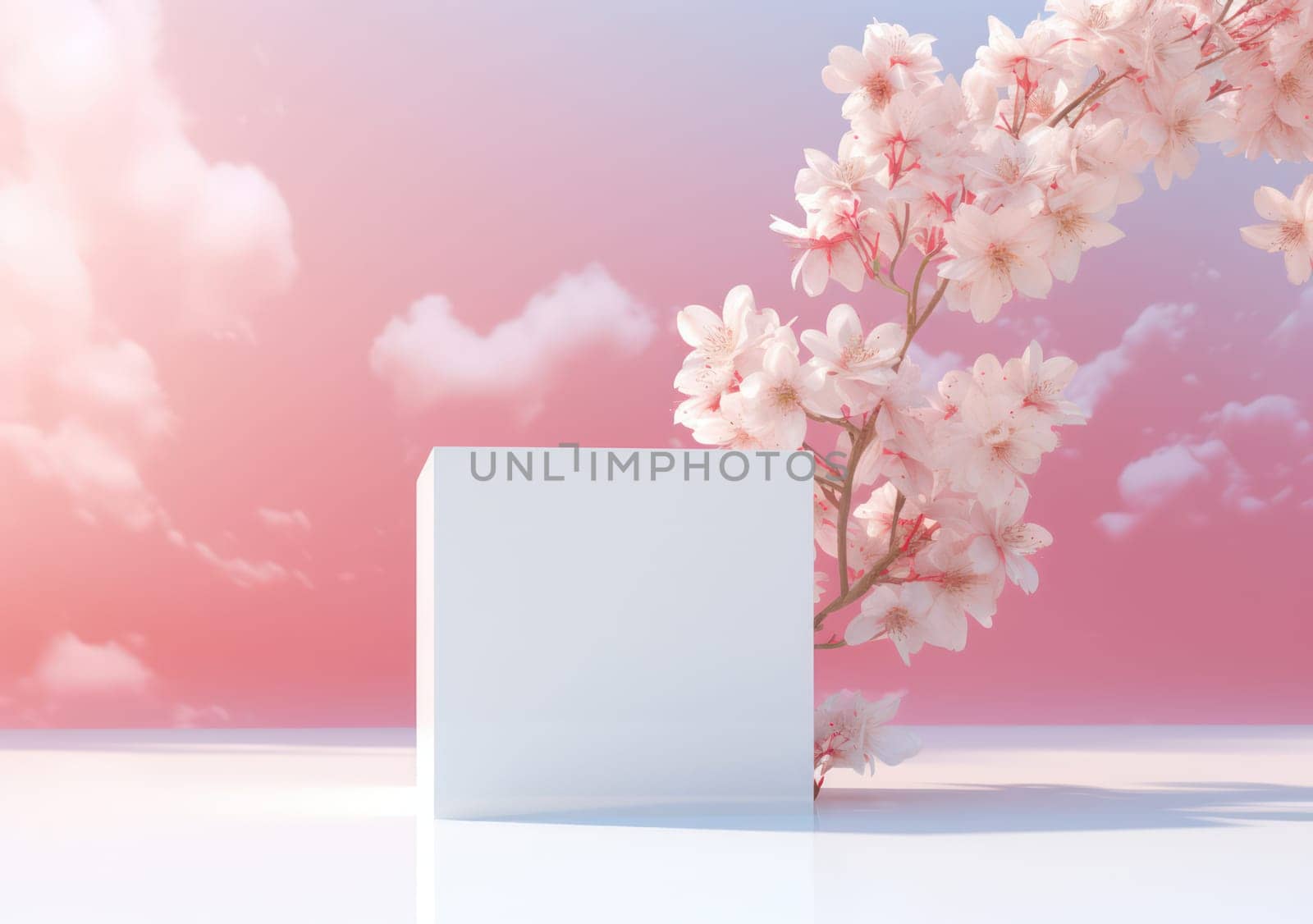Pastel Blossoms: A Romantic Sakura Cherry Tree in Full Bloom, Framed by Fresh White Petals on a Soft Pink Background.