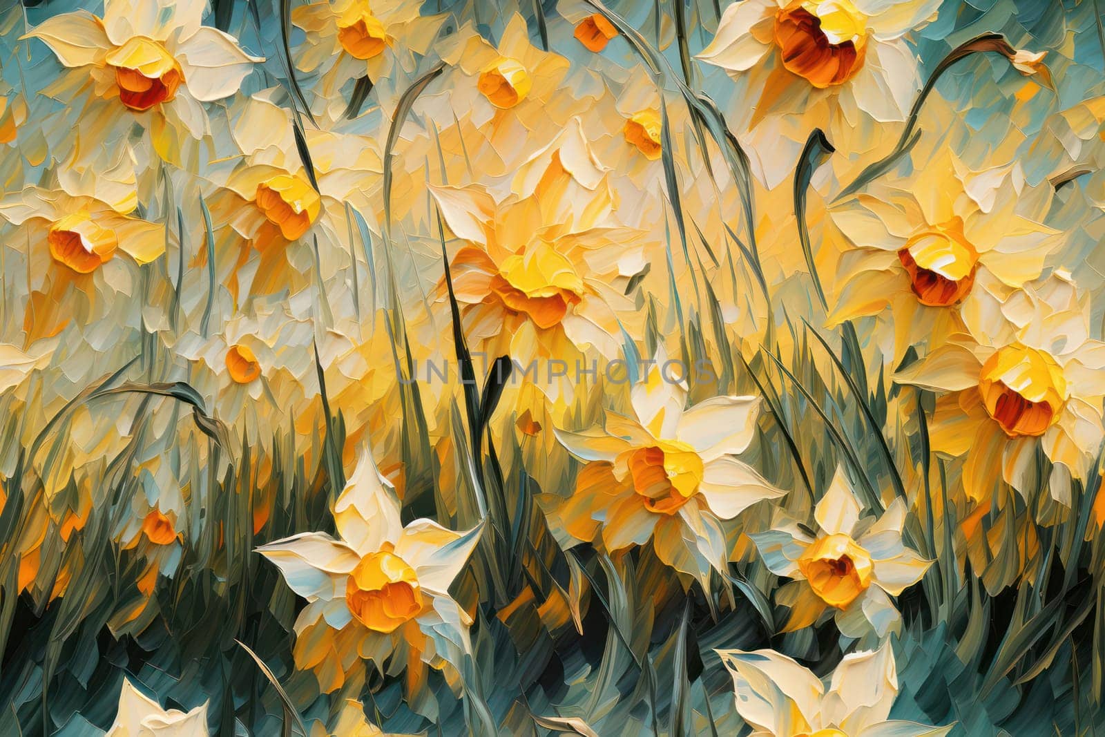 Colorful Blooming Garden: Bright Yellow Narcissus Flowers in a Lush Green Field - Vintage Floral Oil Painting on Canvas