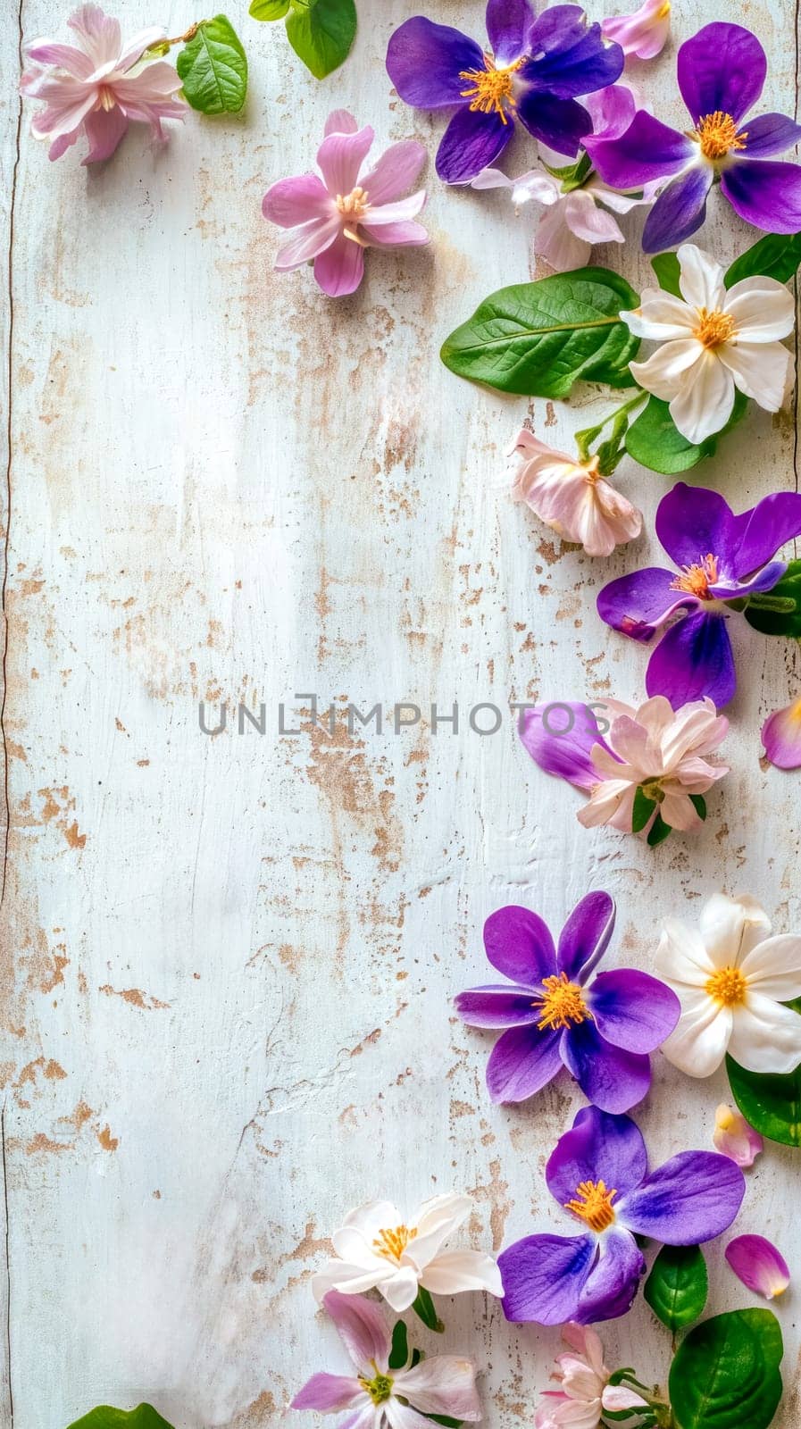 Fresh spring flowers, including delicate purple and white blossoms, are artistically arranged rustic, white-painted wooden background, creating a serene and natural composition. vertical, copy space