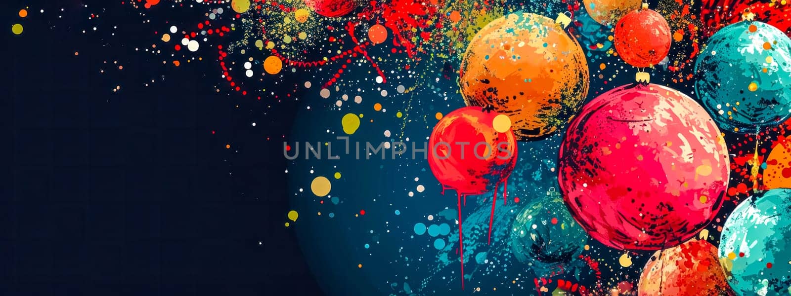 A vibrant and dynamic abstract banner featuring a burst of colorful balloons in red, orange, and blue hues, splattered with a lively array of paint drops against a deep navy background. copy space