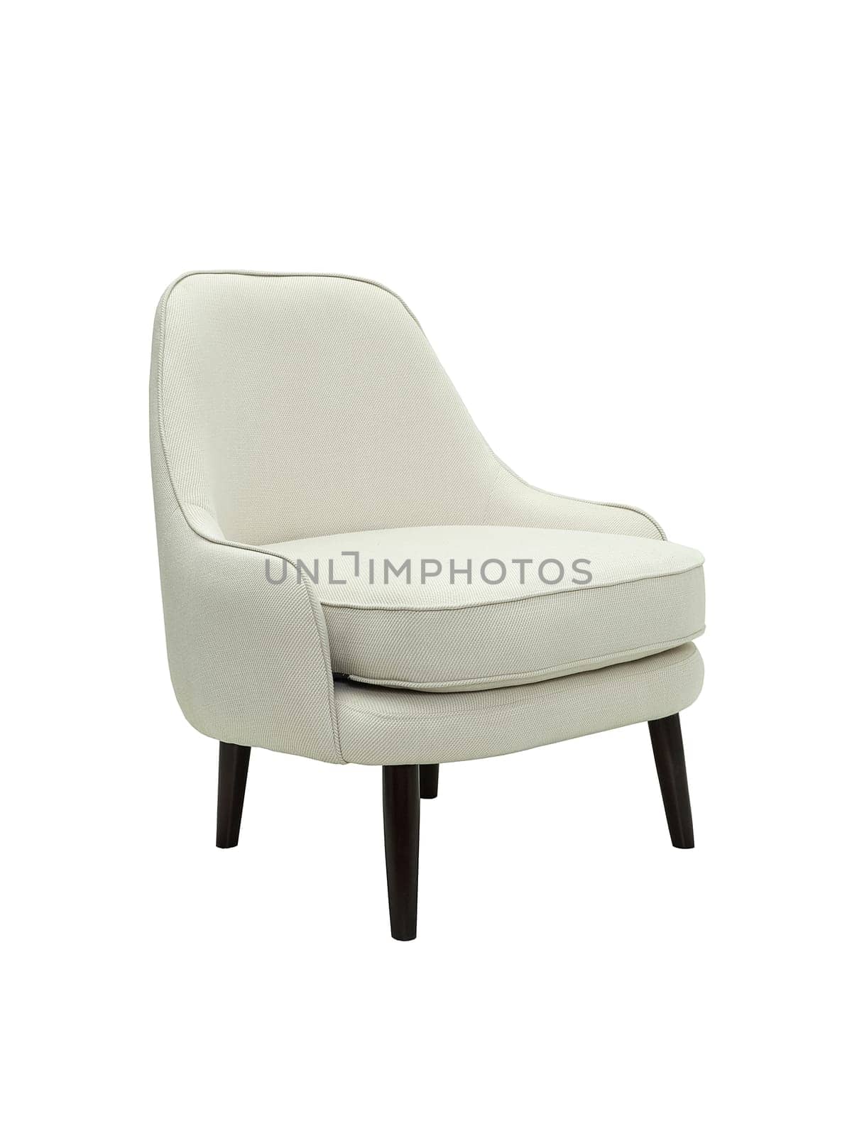 modern fabric armchair with wooden legs isolated on white background, side view.