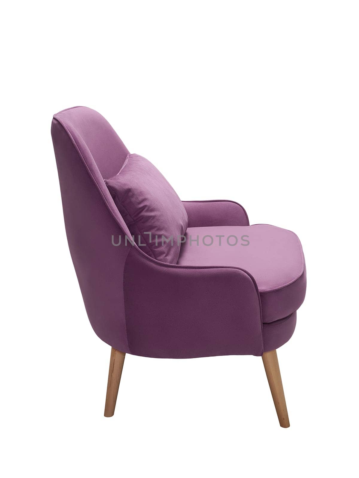 modern purple fabric armchair with wooden legs isolated on white background, side view.