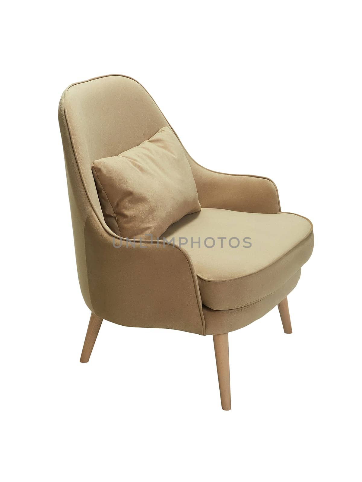 modern beige fabric armchair with wooden legs isolated on white background, side view.