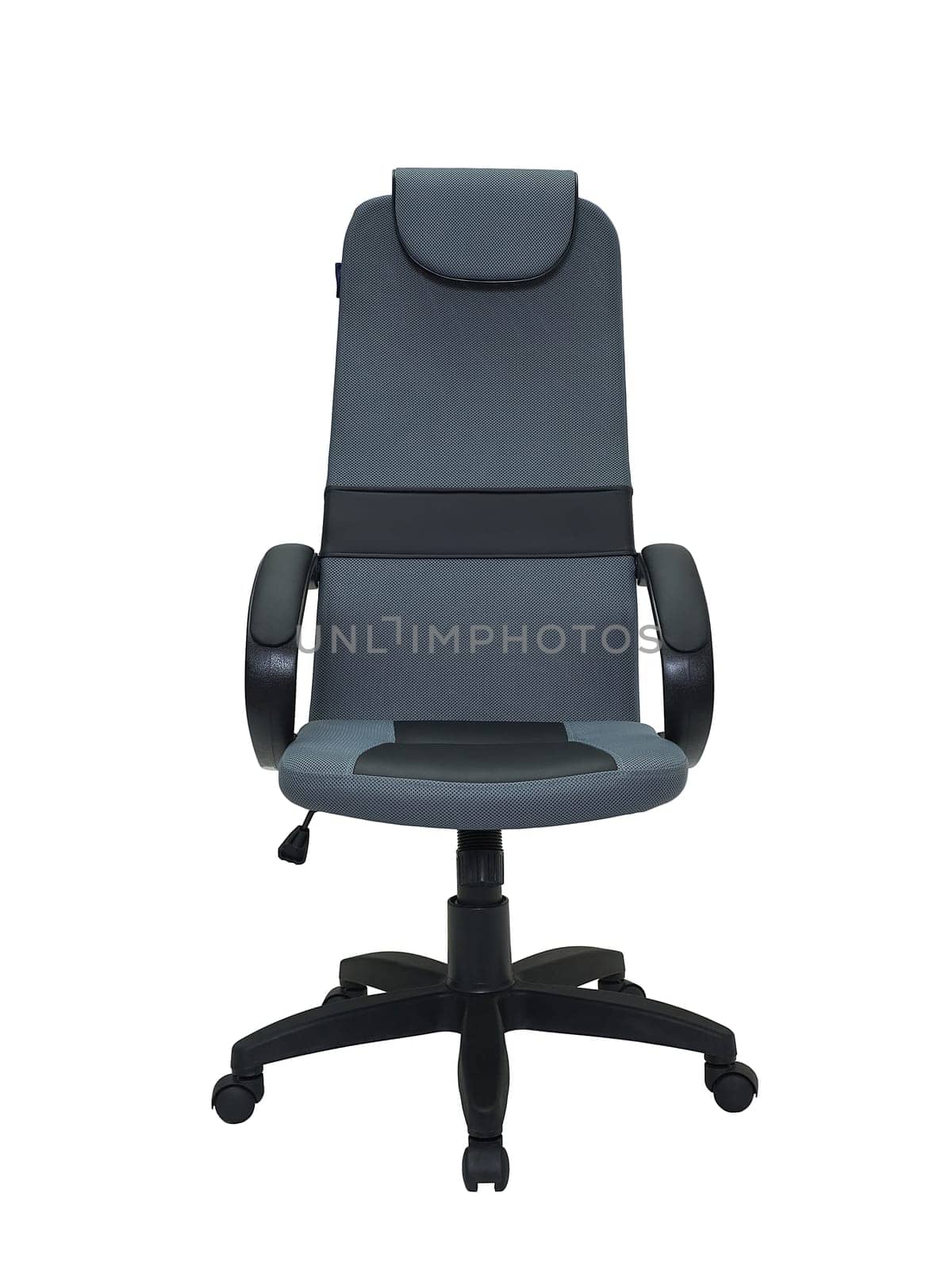 grey office armchair on wheels isolated on white background, front view. furniture in minimal style