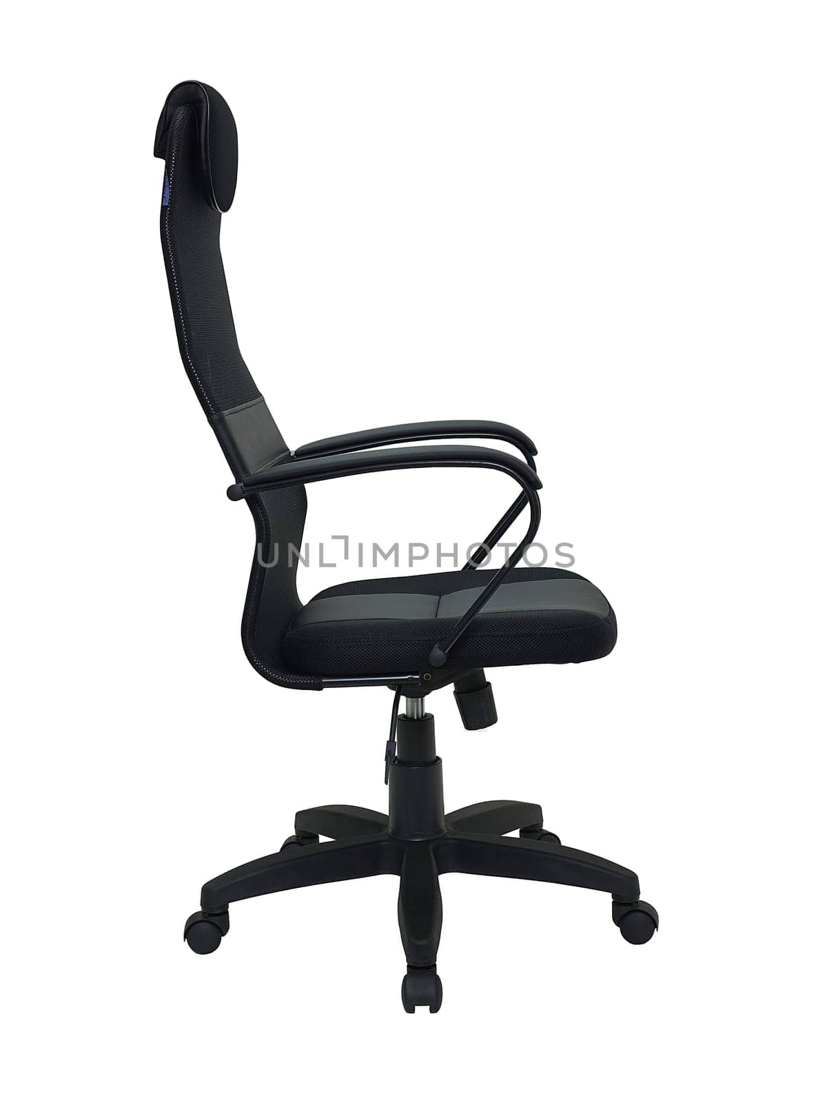 black office armchair on wheels isolated on white background, side view. furniture in minimal style