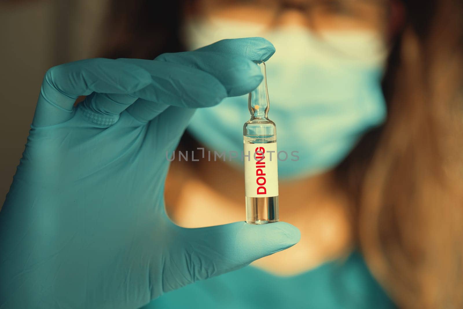 A doping ampoule in a nurse's hand closeup photo, sports doping addiction concept