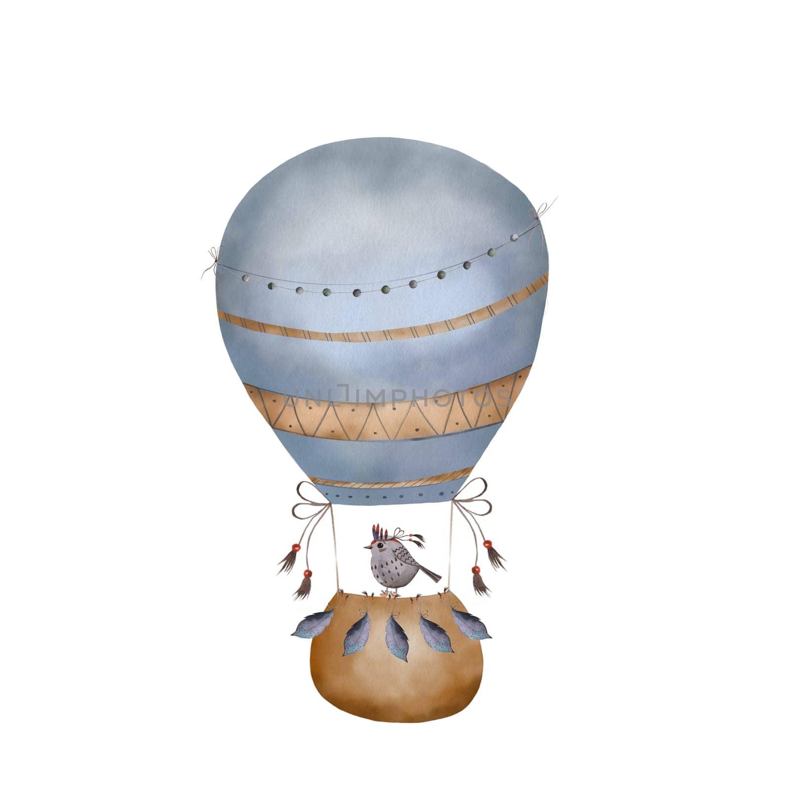 Watercolor blue boho balloon with basket and bird. Hand painted illustration for children's design in cartoon style. Cute hot air painting for logo or print on children's textile in pastel colors. High quality photo