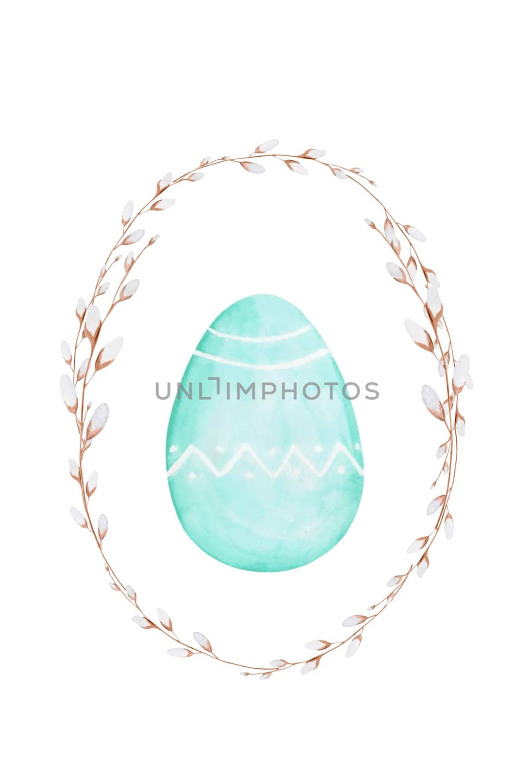 Watercolor Easter drawing card template with a green pastel colored egg in a frame of willow branches. For designing cute cards and invitations. Isolate on a white background, ready-made postcard. High quality illustration