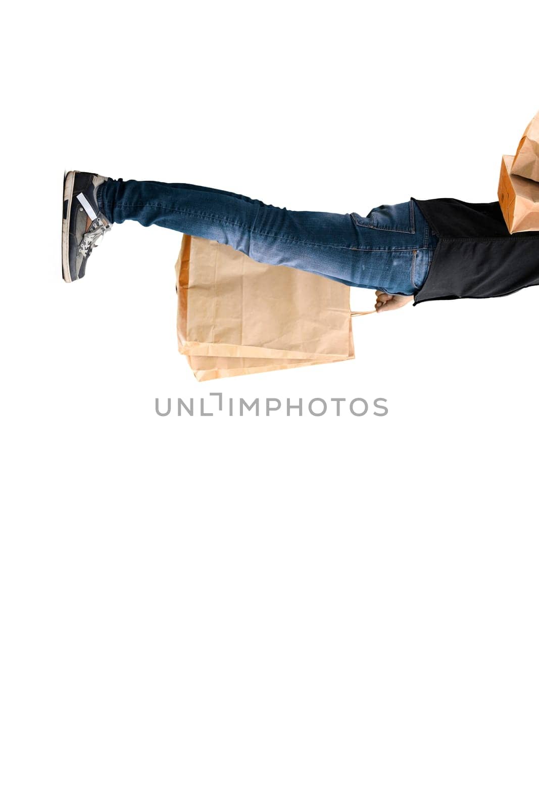 Man, on a white background, full-length, with bags by Prosto