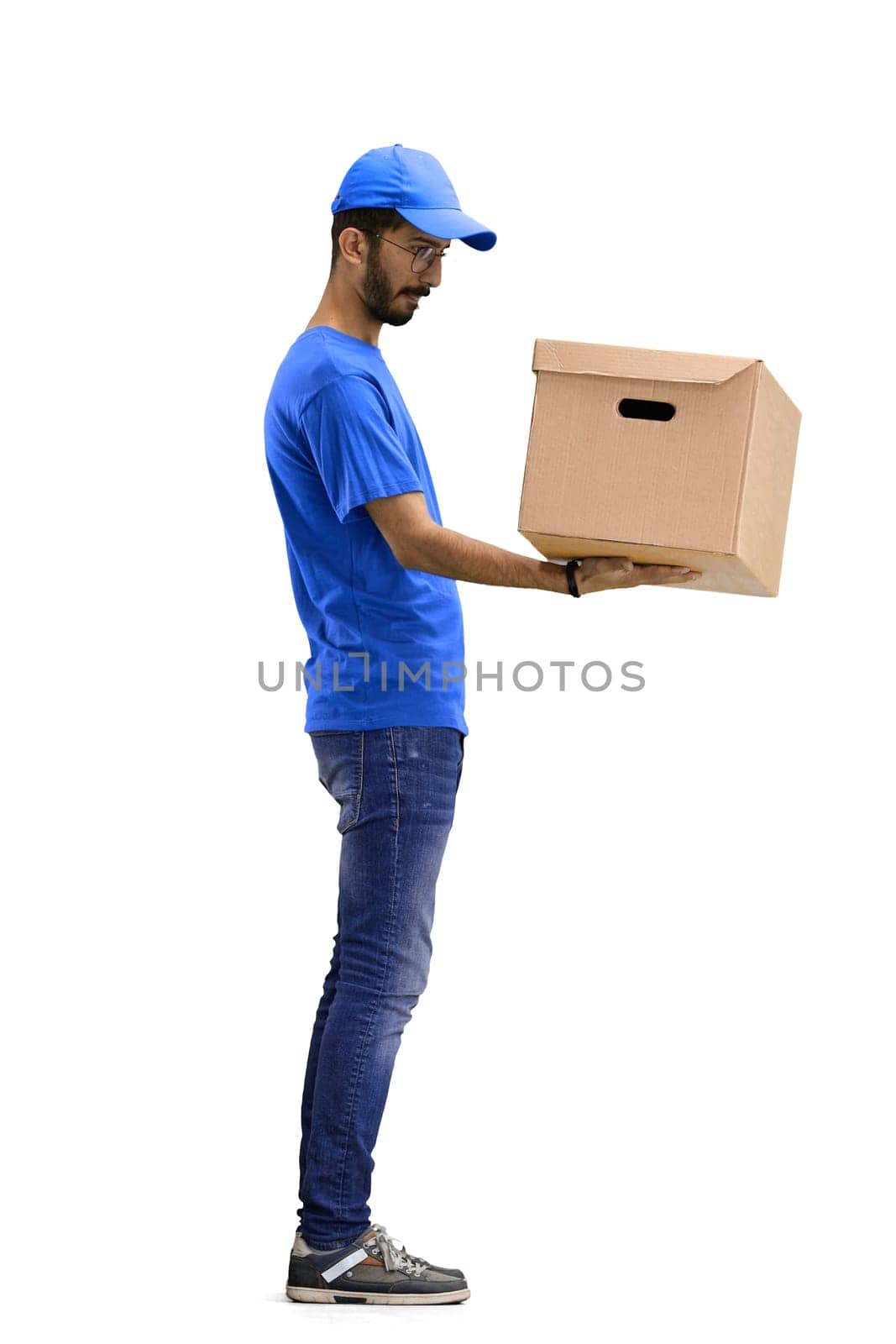 A male deliveryman, on a white background, full-length, with a box by Prosto