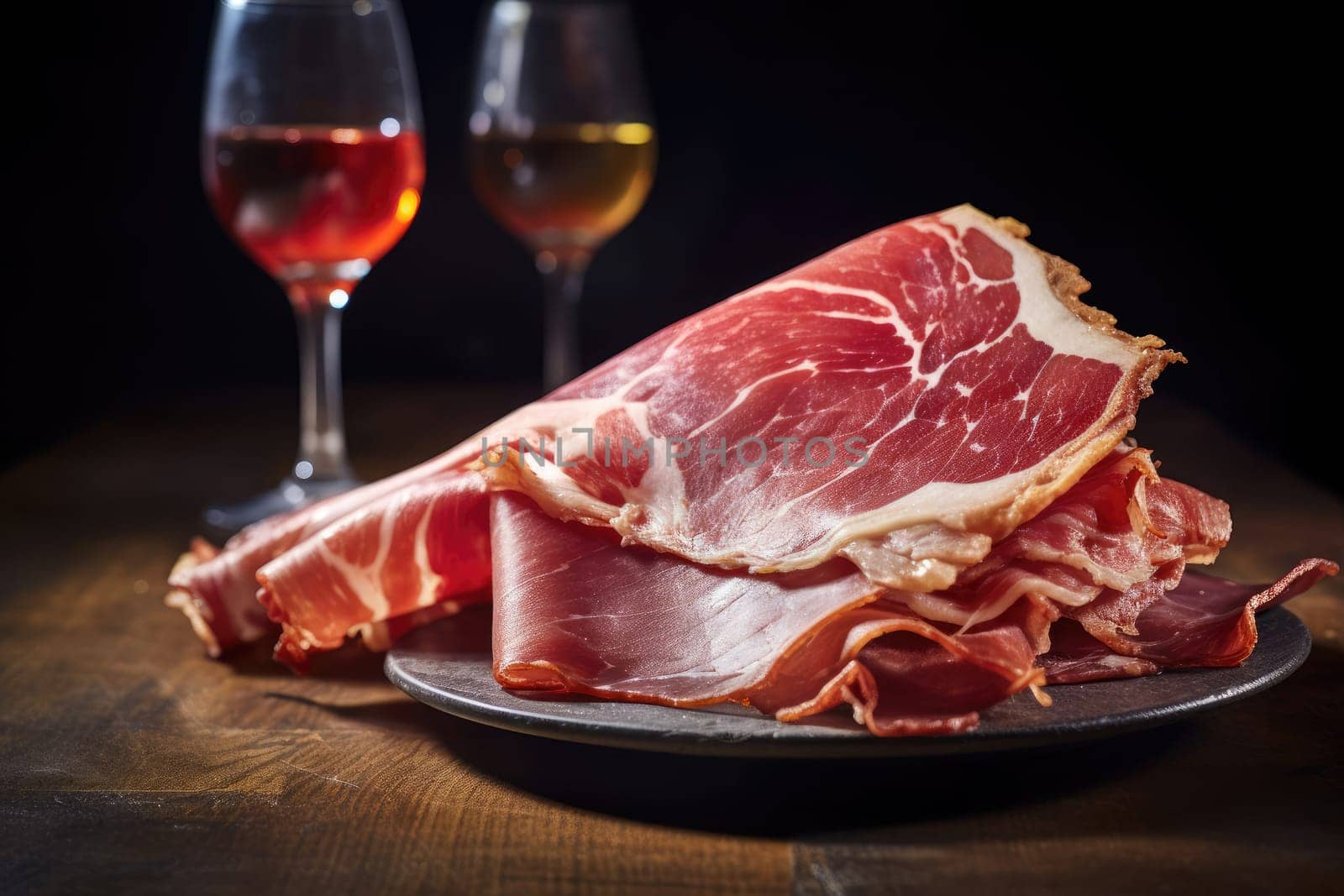 Food concept. Thin slices of meat jamon on a black plate and two glasses of wine, on a black background. by ketlit