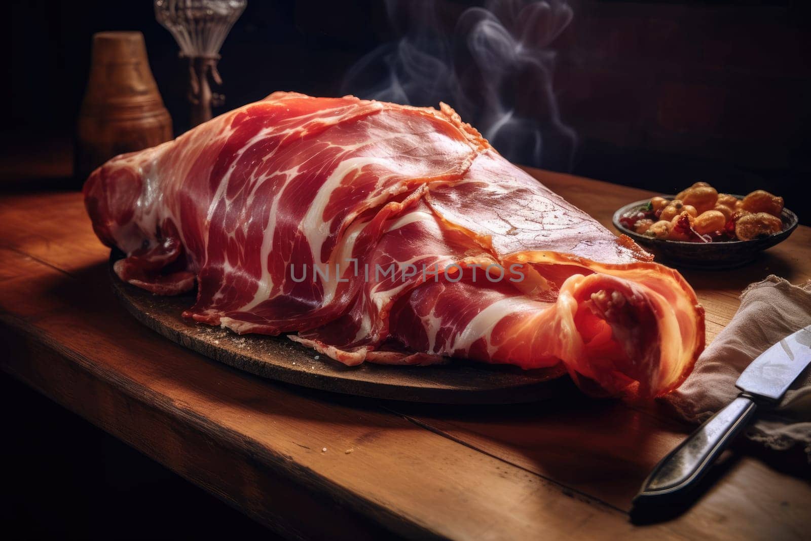 Food concept. Cured pork leg of jamon with thin slices of meat jamon on a wooden table on a black background. Delicious shot with bacon. Close-up. With haze.