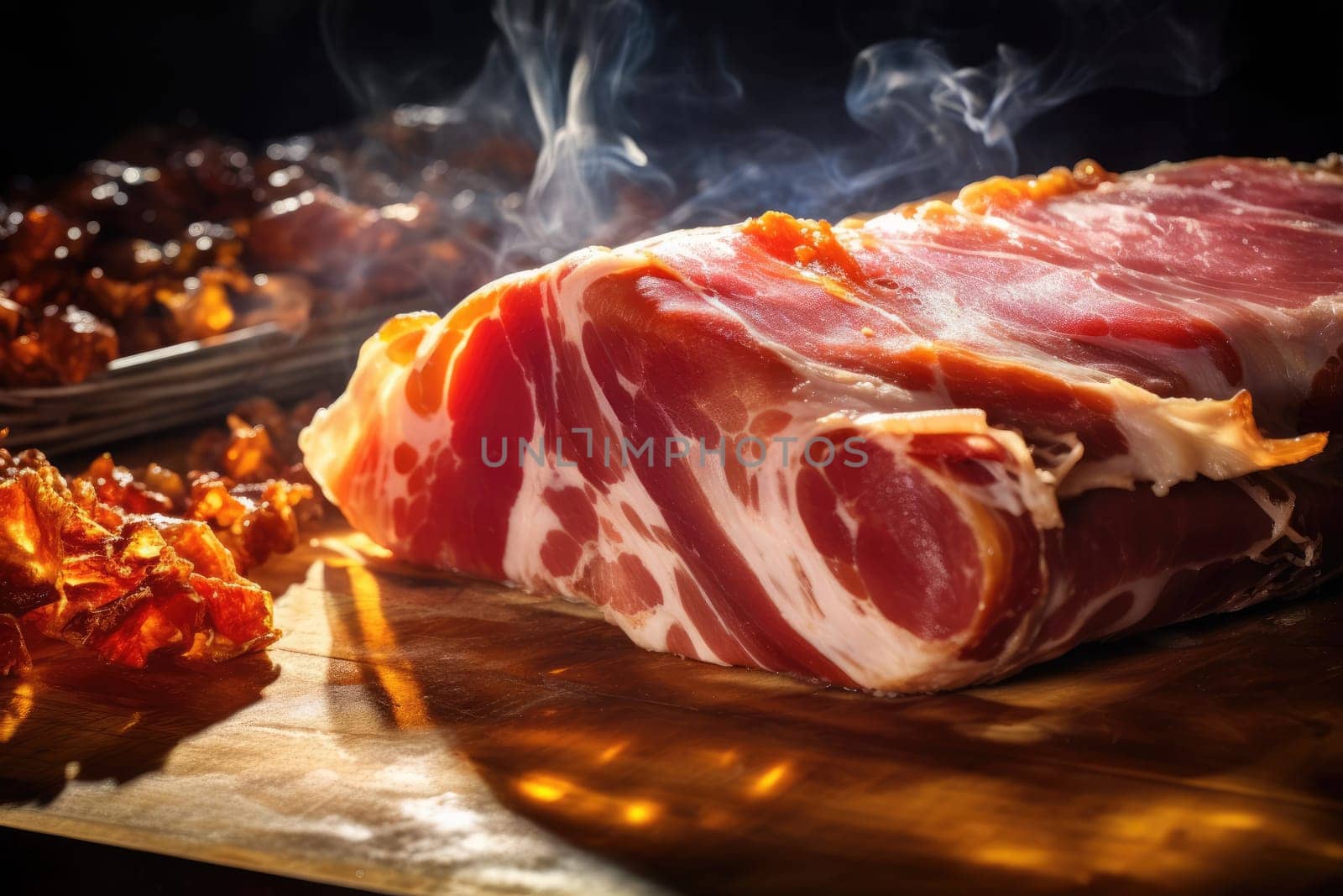 Food concept. Cured pork leg of jamon on a wooden table on a black background. Delicious shot with bacon. Close-up. With haze.