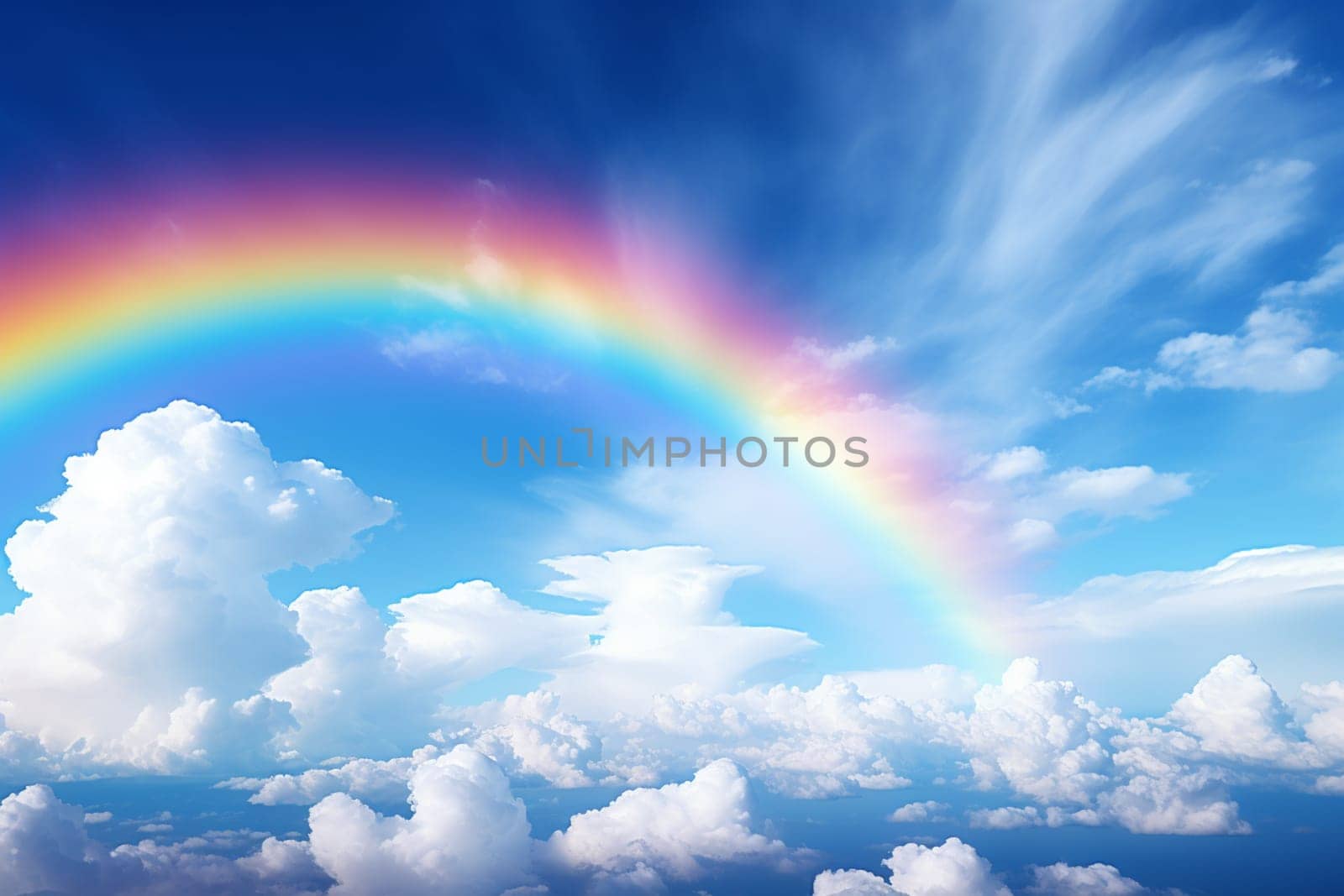 3d rendering, abstract panoramic background, with rainbow above the closed blue door in the sky with fluffy clouds.