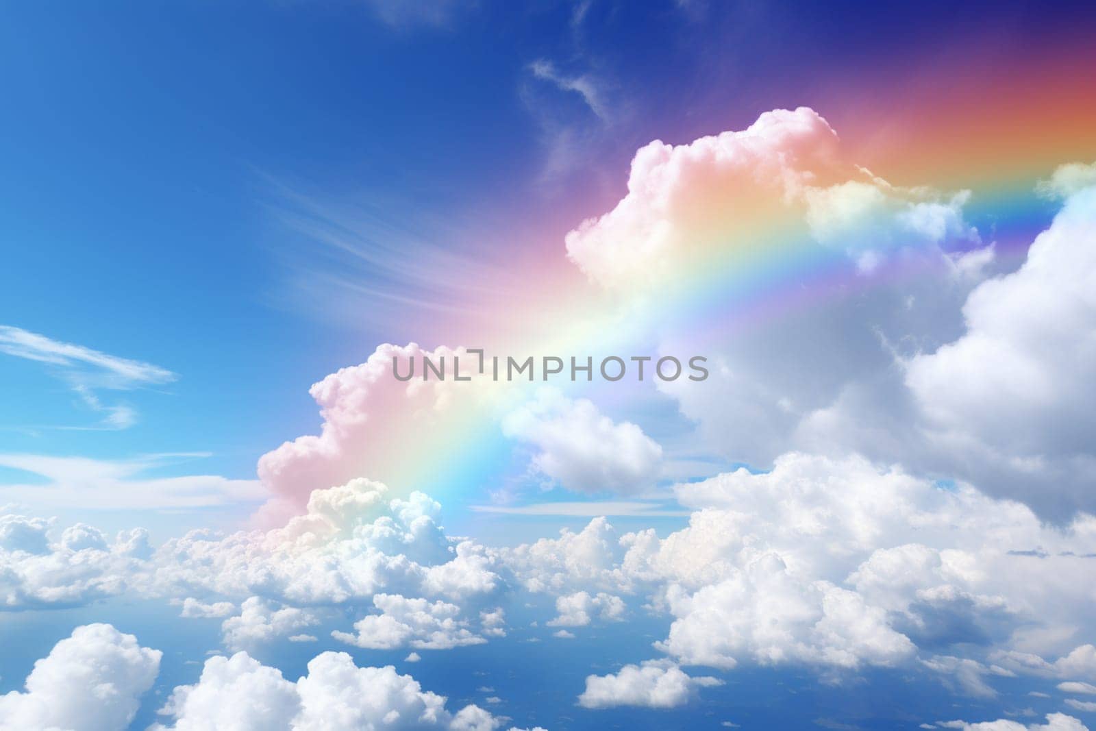 3d rendering, abstract panoramic background, with rainbow above the closed blue door in the sky with fluffy clouds.