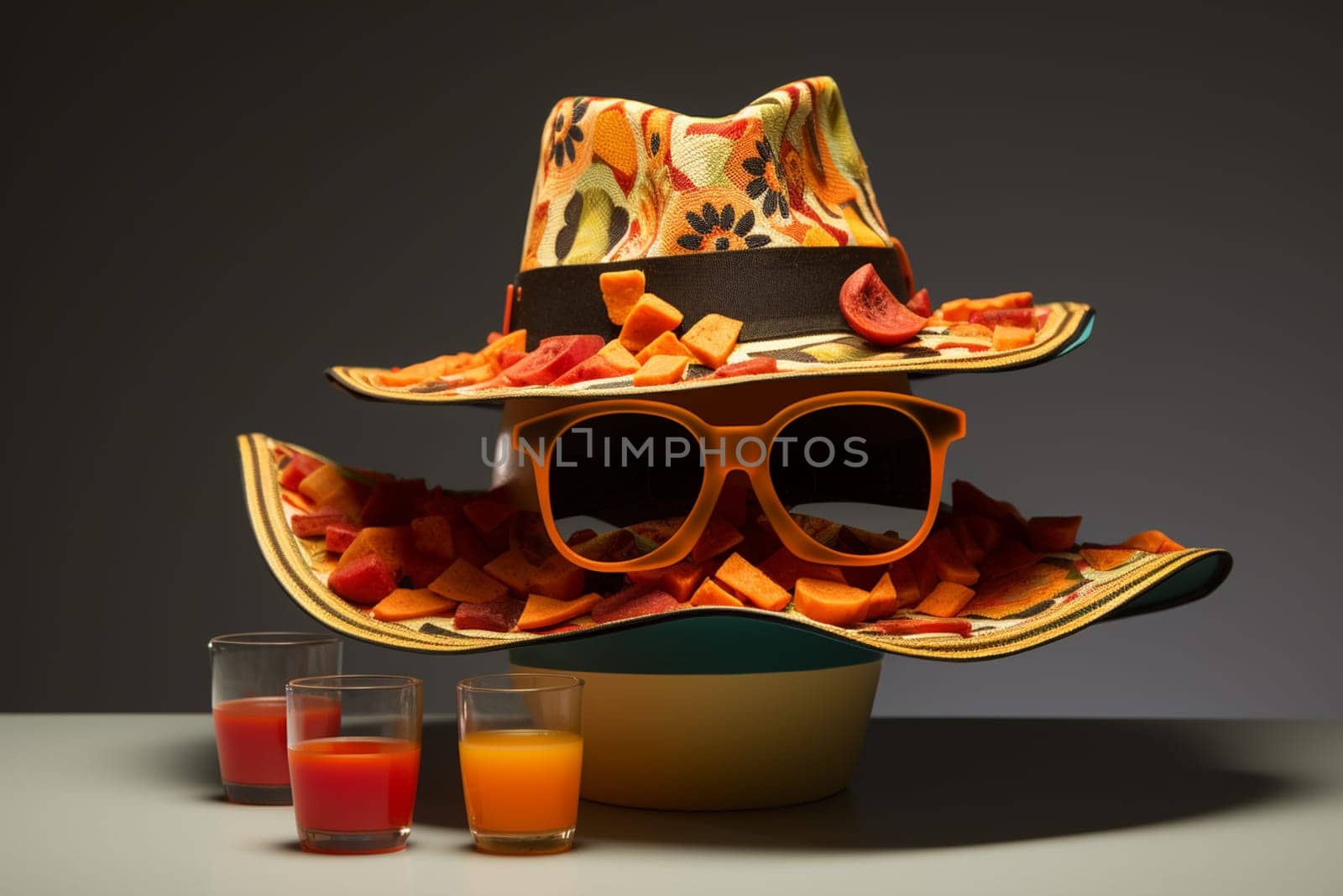 Cinco de Mayo holiday background with Mexican cactus, maracas and party sombrero hat. Top view, flat lay by Andelov13