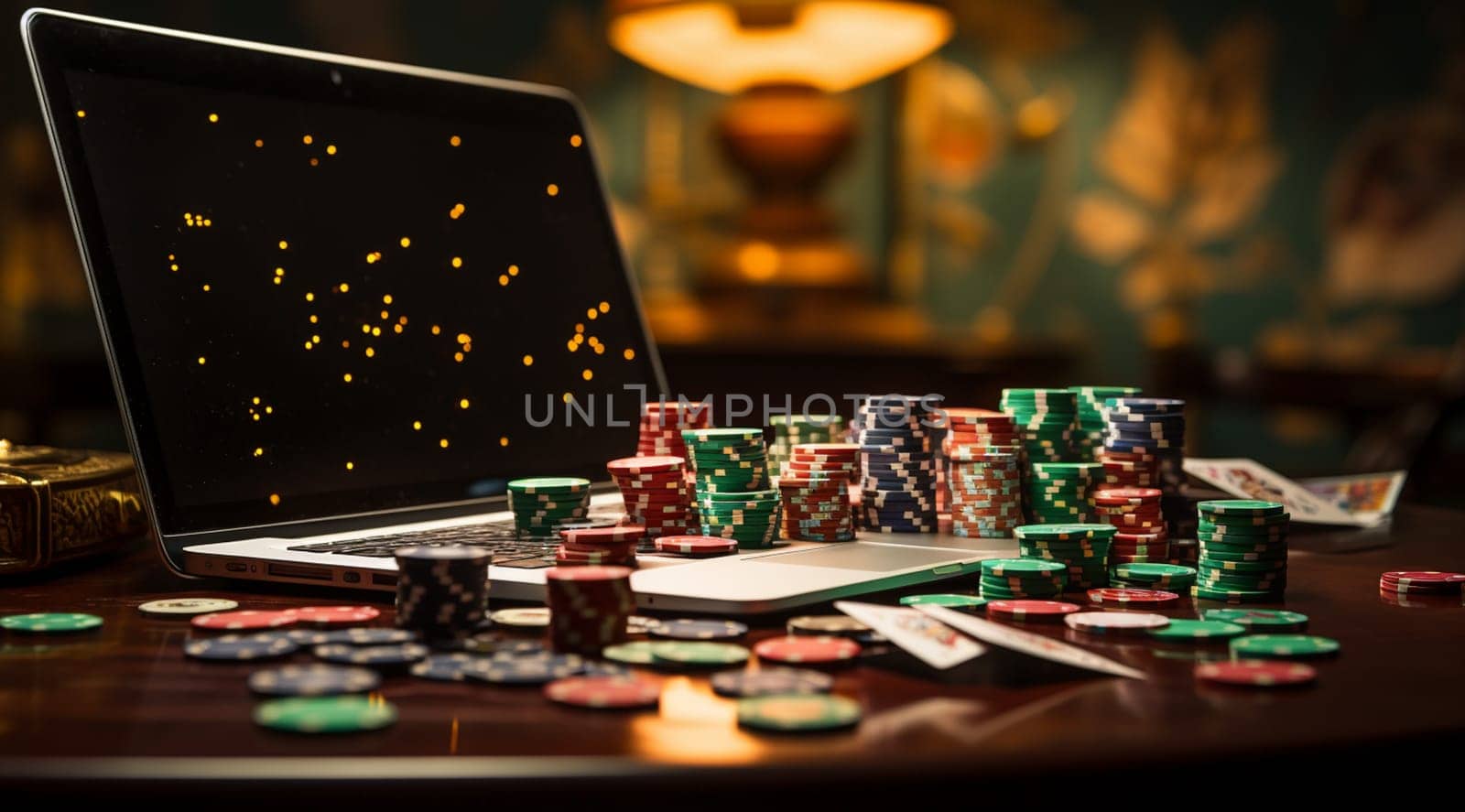 Online casino, betting concept. Poker chips and dice on black computer laptop keyboard. 3d illustration by Andelov13
