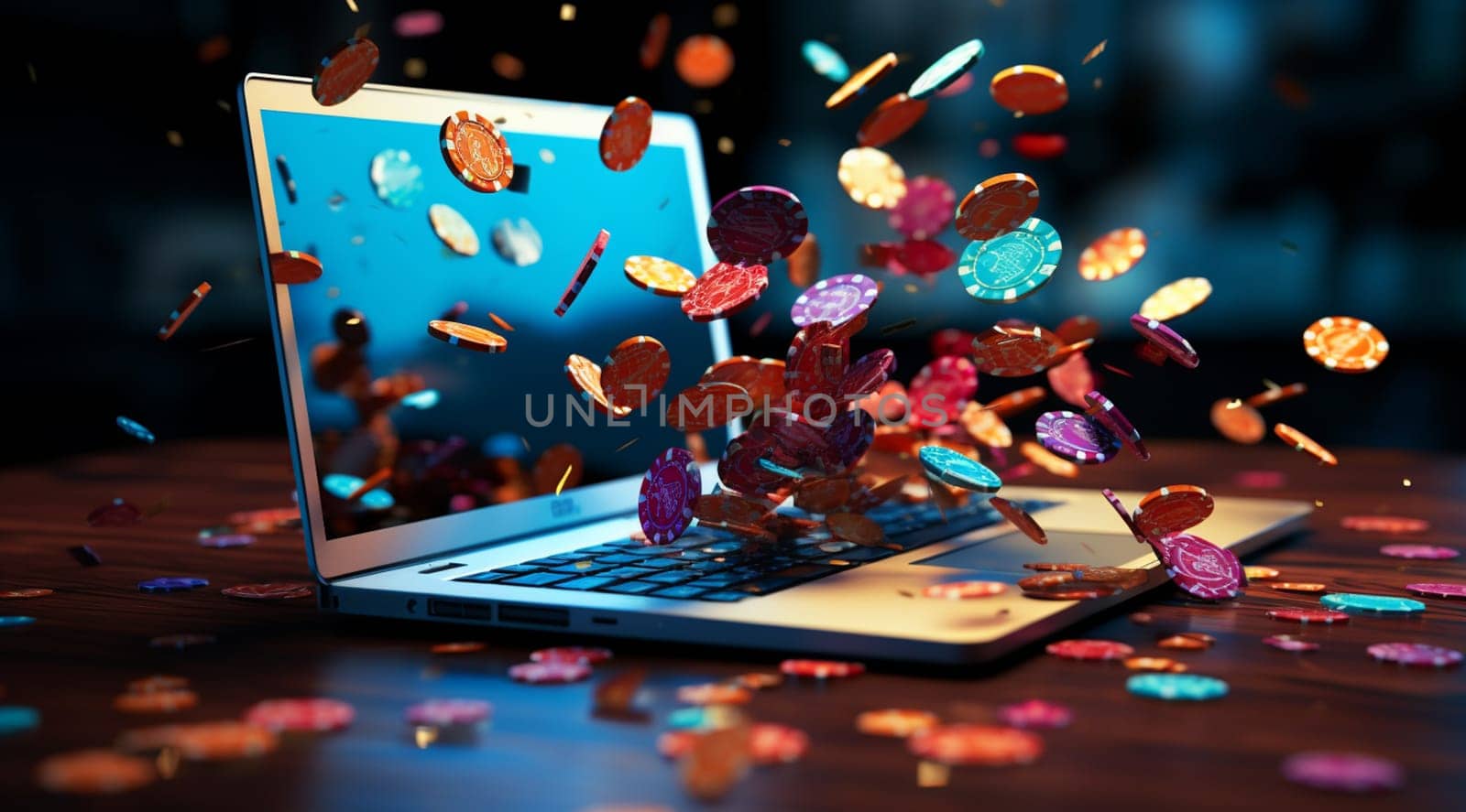 Online casino, betting concept. Poker chips and dice on black computer laptop keyboard. 3d illustration.