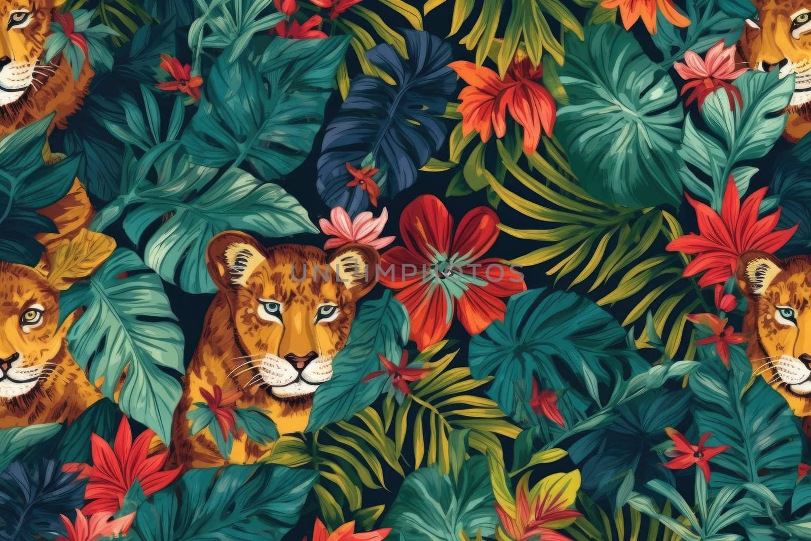 Tropical exotic pattern with animal and flowers in bright colors and lush vegetation. Ai Generative. by Benzoix