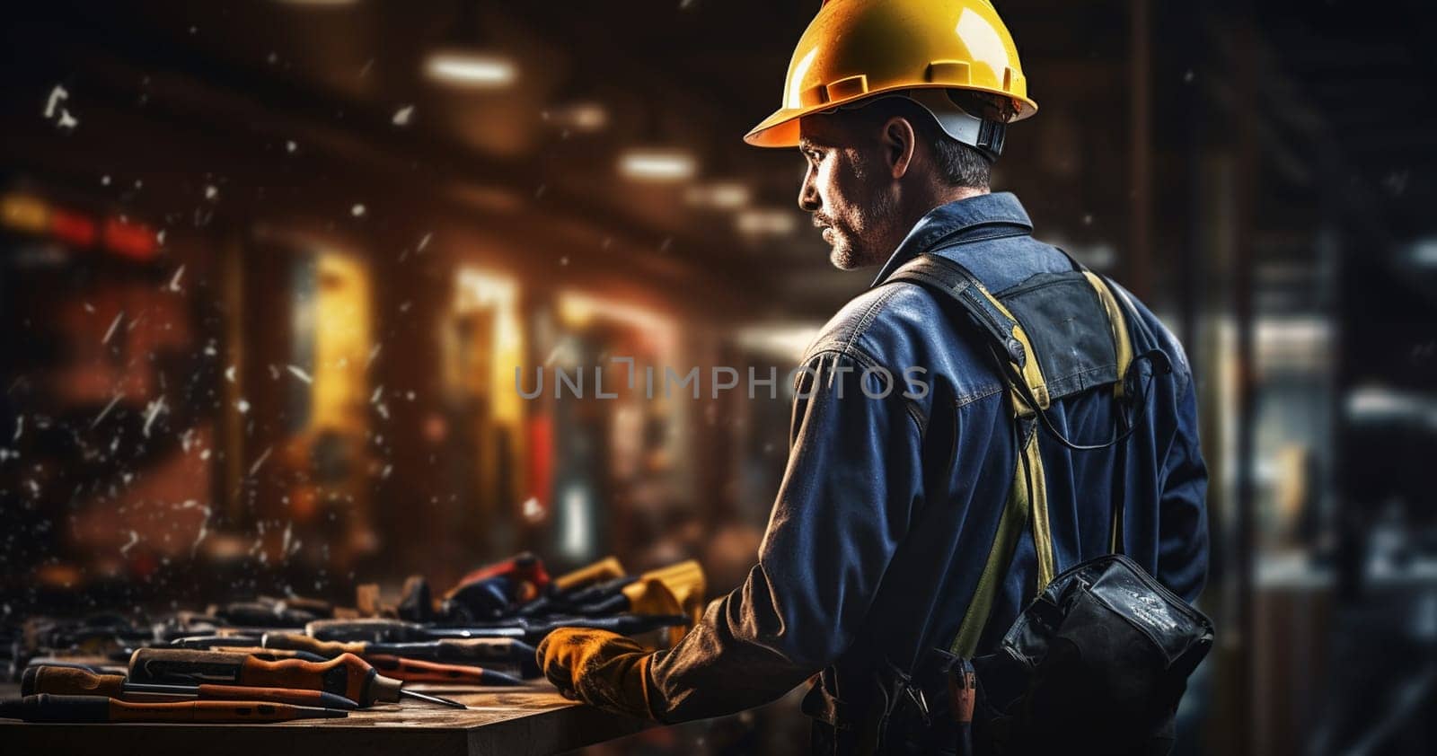 Heavy Industry Engineering Factory Interior with Industrial Worker Using Angle Grinder and Cutting a Metal Tube. Contractor in Safety Uniform and Hard Hat Manufacturing Metal Structures. by Andelov13