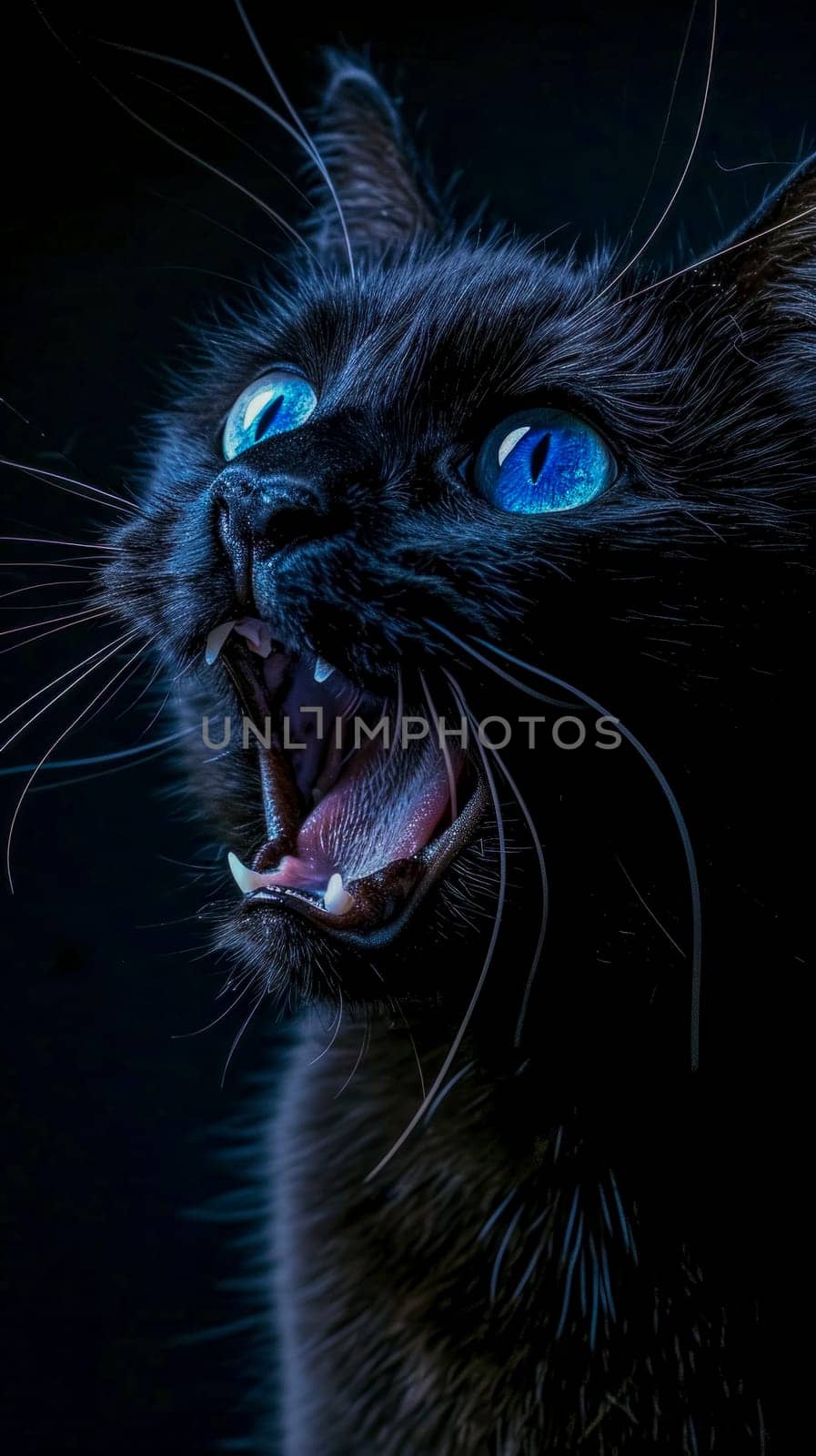 black cat with striking blue eyes and mouth wide open, creating a dynamic and almost mystical presence. The cat's fur textures and sharp fangs are highlighted against the dark backdrop by Edophoto