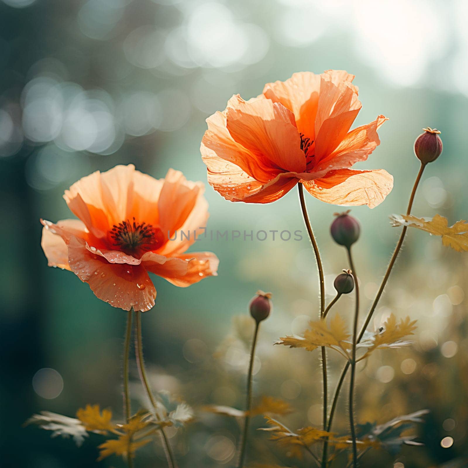 bright red poppies in the green grass by Andelov13