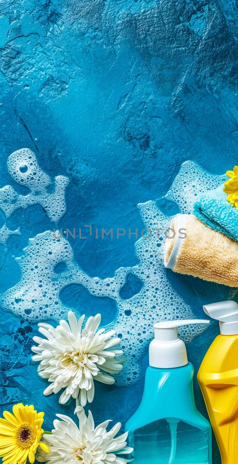 cleaning supplies and accessories with flowers on a textured blue background with copy space, vertical banner with copy space