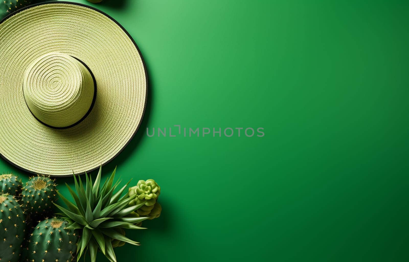 Stylish straw hat, sunglasses and palm leaf on light green background, flat lay. Space for text. High quality photo