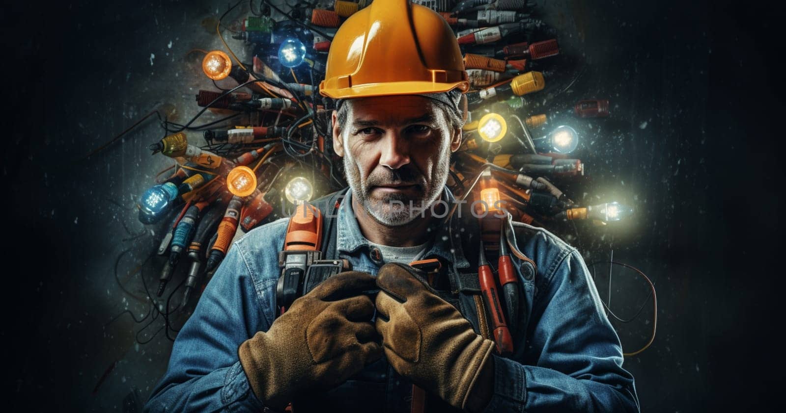 Portrait of Young Professional Heavy Industry Engineer Worker Wearing Safety Vest and Hardhat Smiling on Camera. In the Background Unfocused Large Industrial Factory where Welding Sparks Flying. High quality photo