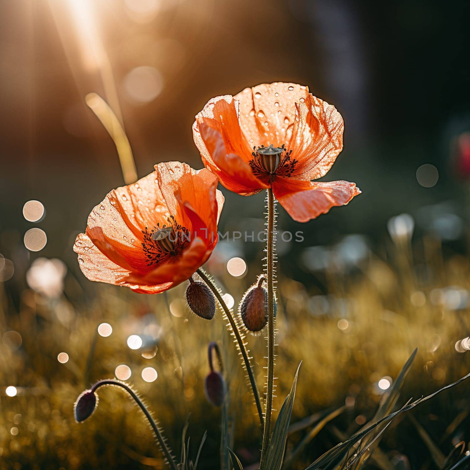 bright red poppies in the green grass. High quality photo