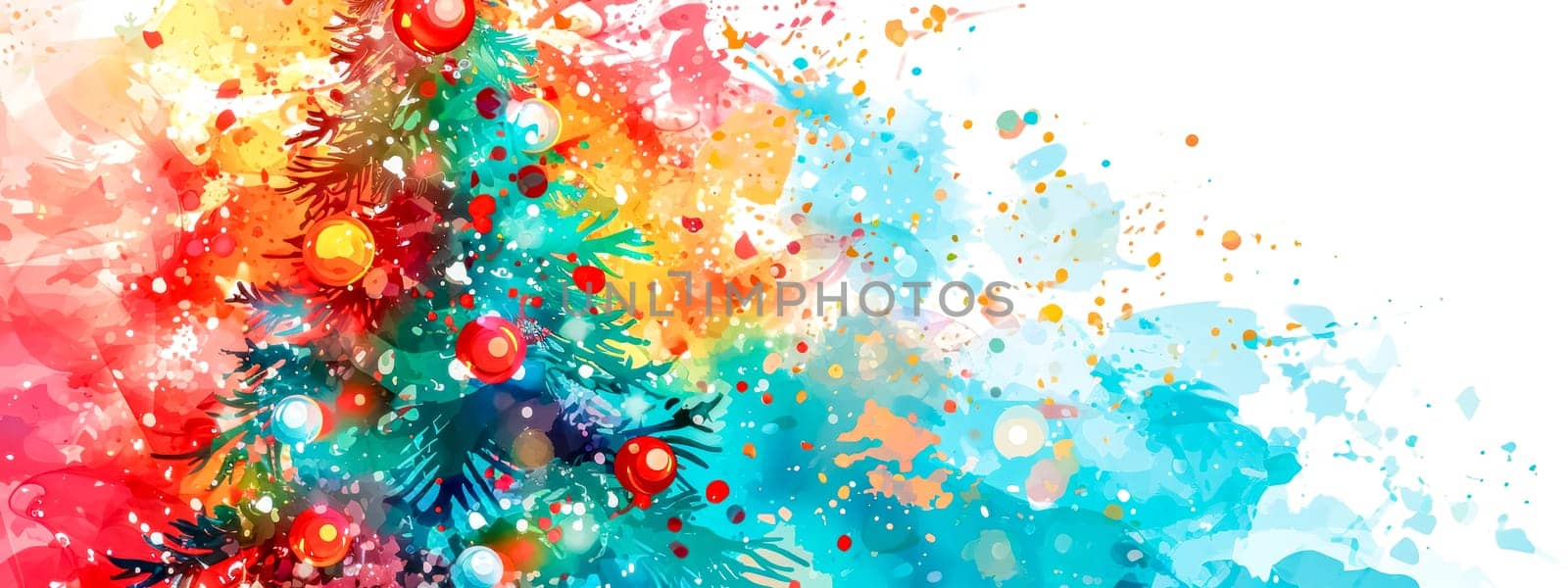 vibrant watercolor explosion of colors with a Christmas tree adorned with ornaments, ideal for a festive background with space for text