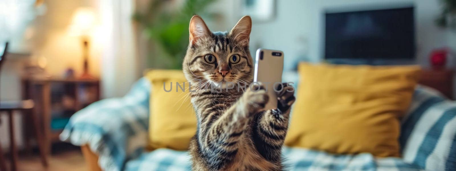 adorable cat holding a smartphone as if taking a selfie, with a cozy home background lit by warm lights. by Edophoto