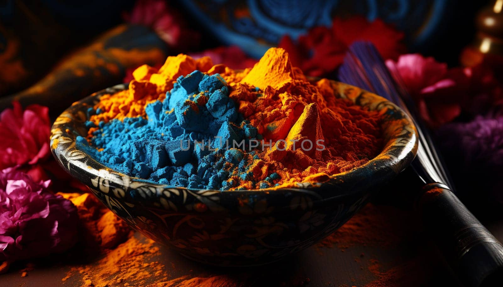 Holi Festival Colors or Gulal in Plates Isolated on Black Background with Selective Focus, Perfect for Wallpaper. High quality photo