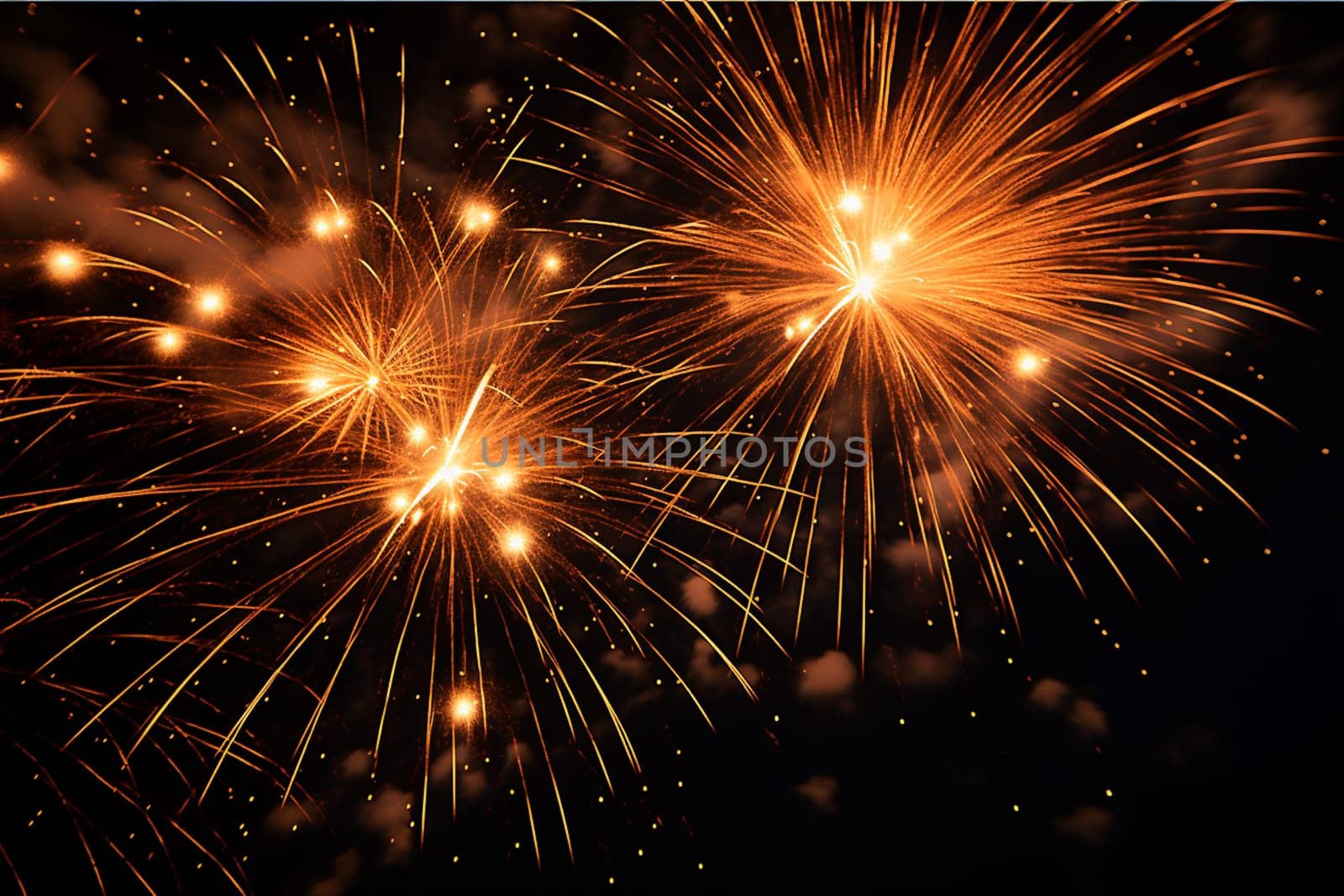 Elegant gold and black background with fireworks and light sparkles. Background for birthday celebrations, big events, congratulations and holidays like 4th of July or New Year's Eve by Andelov13