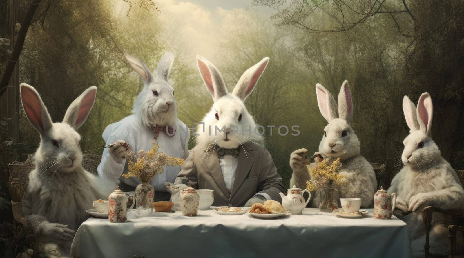 Easter concept. A group of white rabbits are sitting at a large white table against the backdrop of the forest.