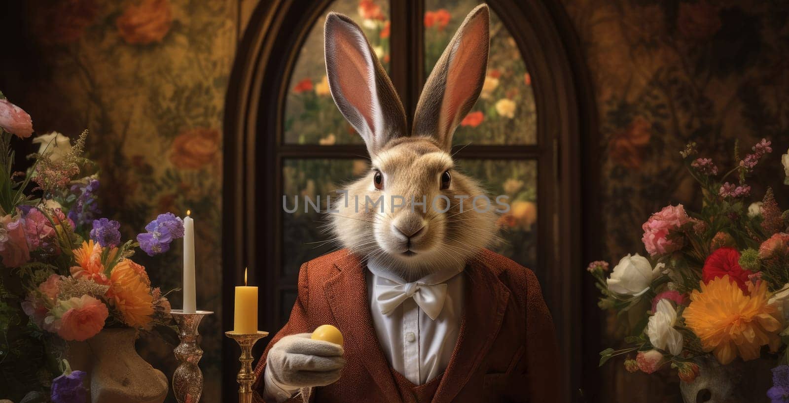 One large gentleman rabbit in a red jacket and a white shirt with a bow tie sits at a table in a festive room and holds a yellow Easter egg in his hand. Against the background of flowers in a vase.
