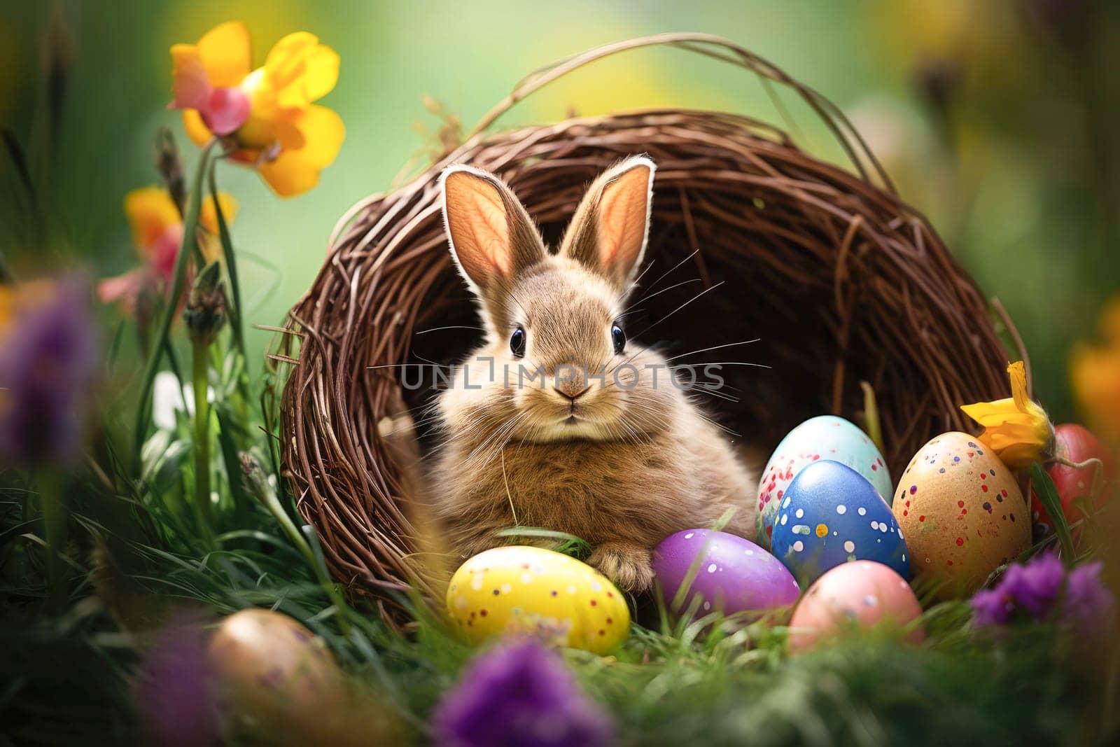Easter concept. One cute bunny sits in a wicker basket with Easter colorful eggs against a background of nature and green grass. Close-up.